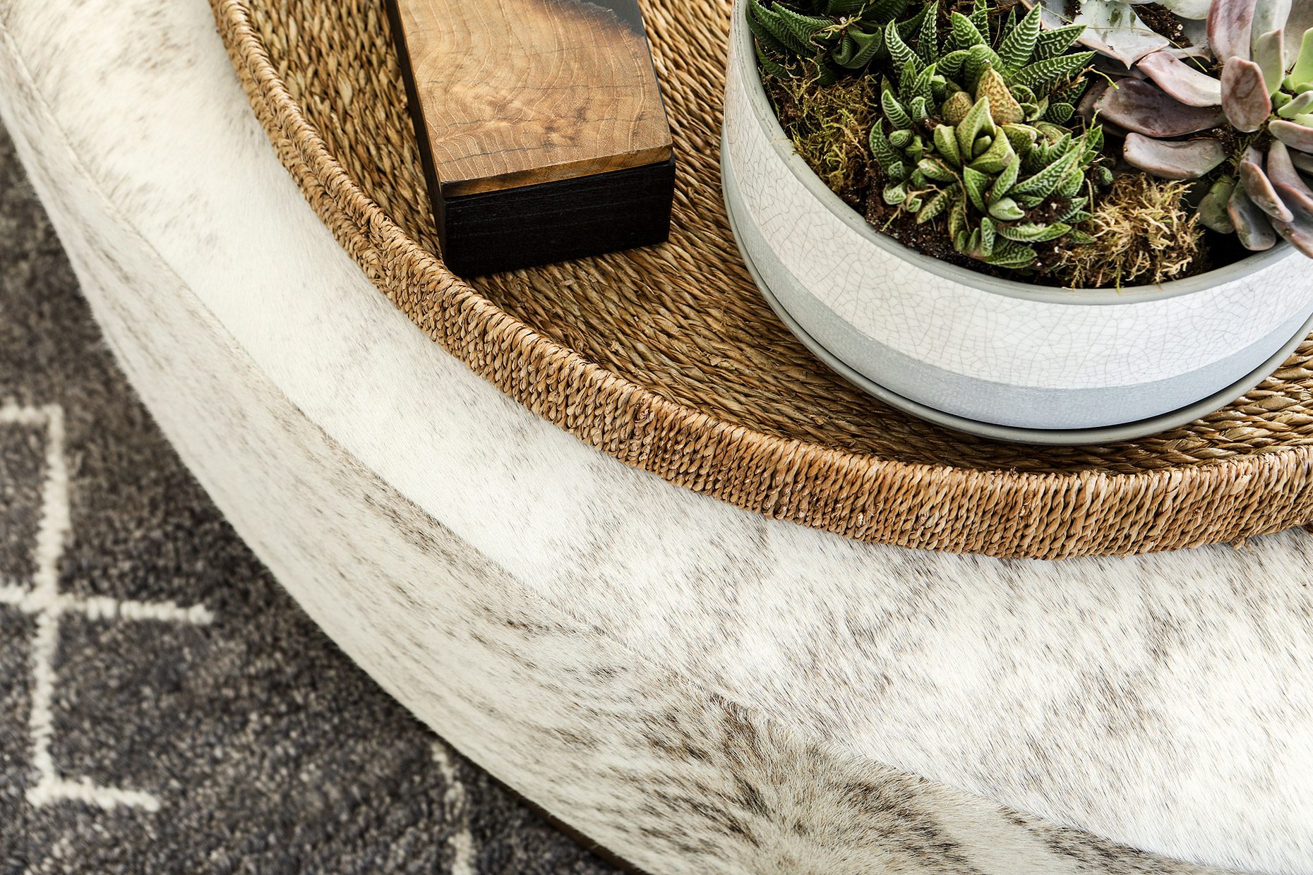 Animal Print Ottoman With Round Wicker Tray