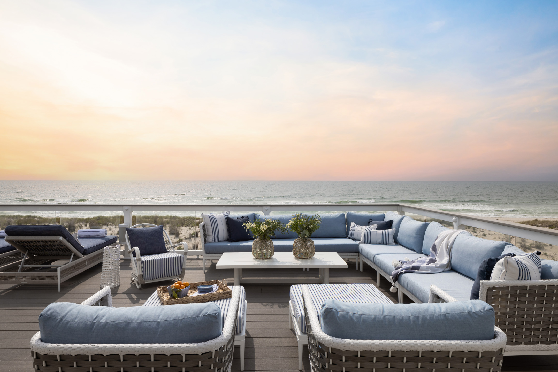 Beach House Deck Design Sunset Over Ocean
