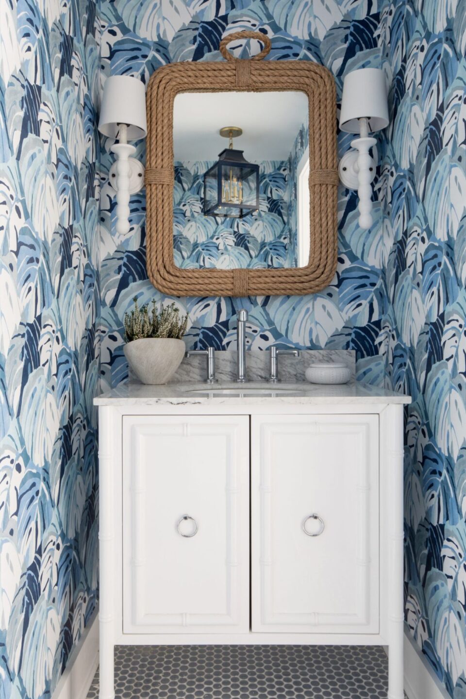 Beach House Powder Room Blue Leaf Wallpaper