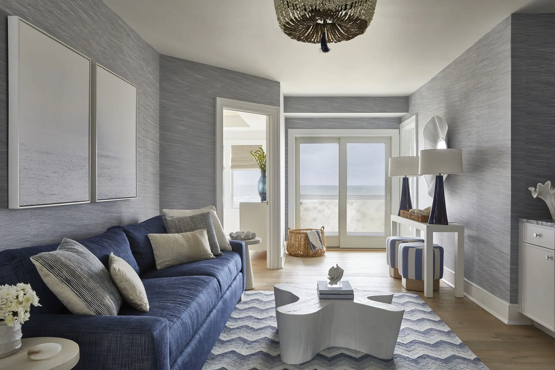 Beach House Sitting Room With Sliding Doors To Beach
