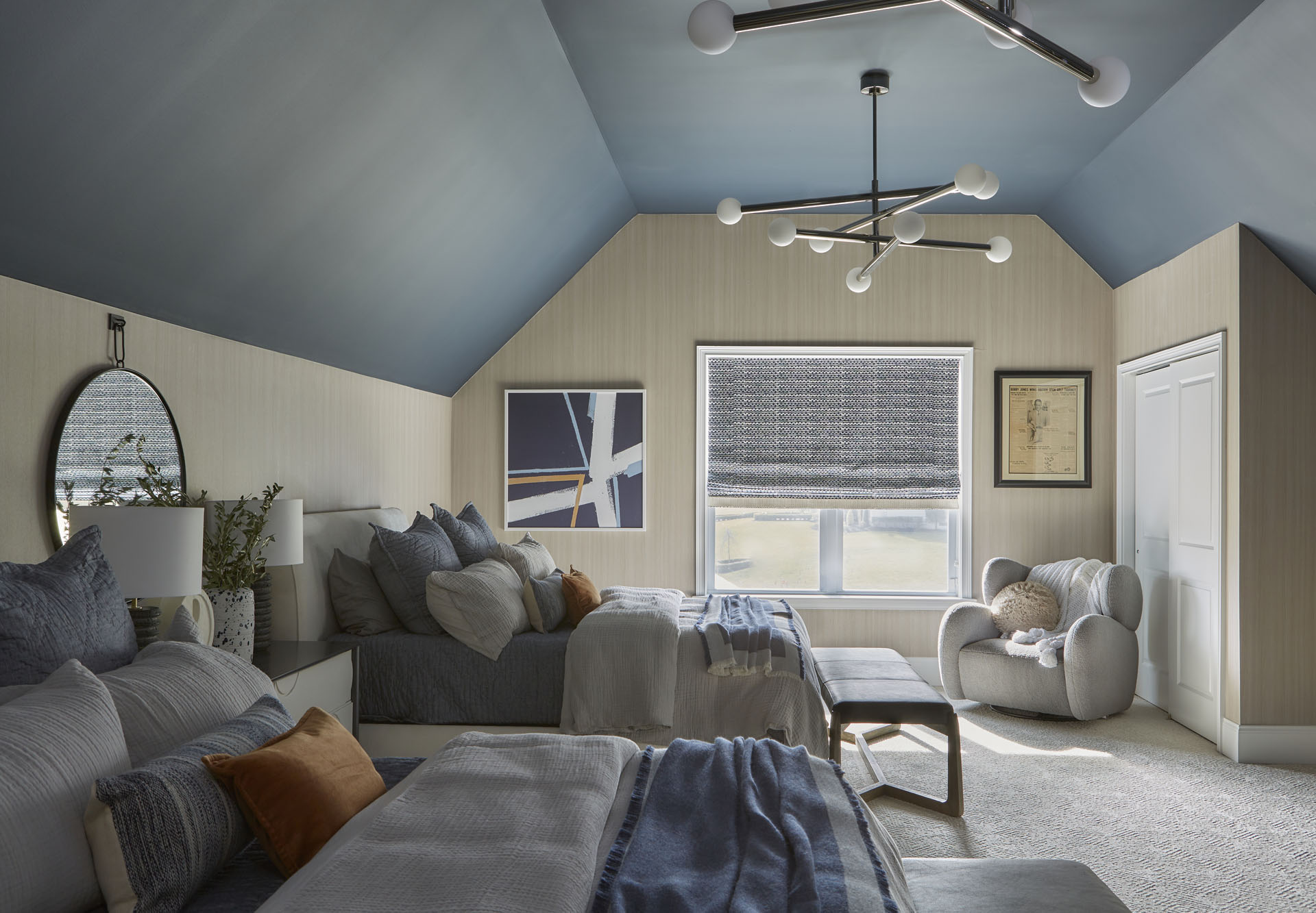Bedroom Design Blue Ceiling Beige Walls