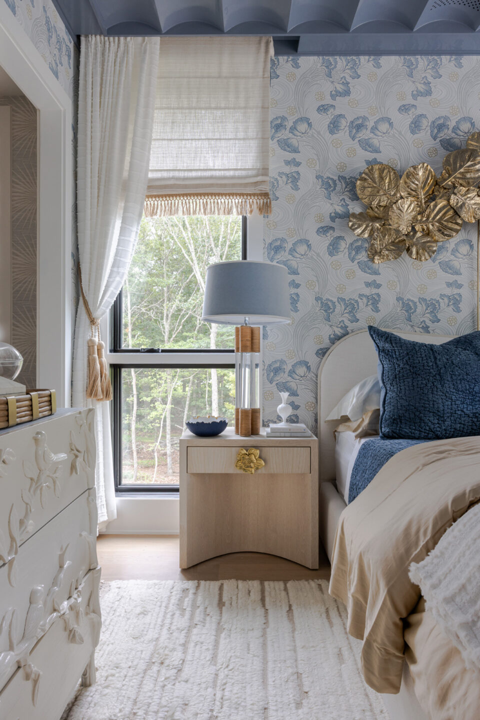 Bedroom Nightstand With Lamp With Blue Shade