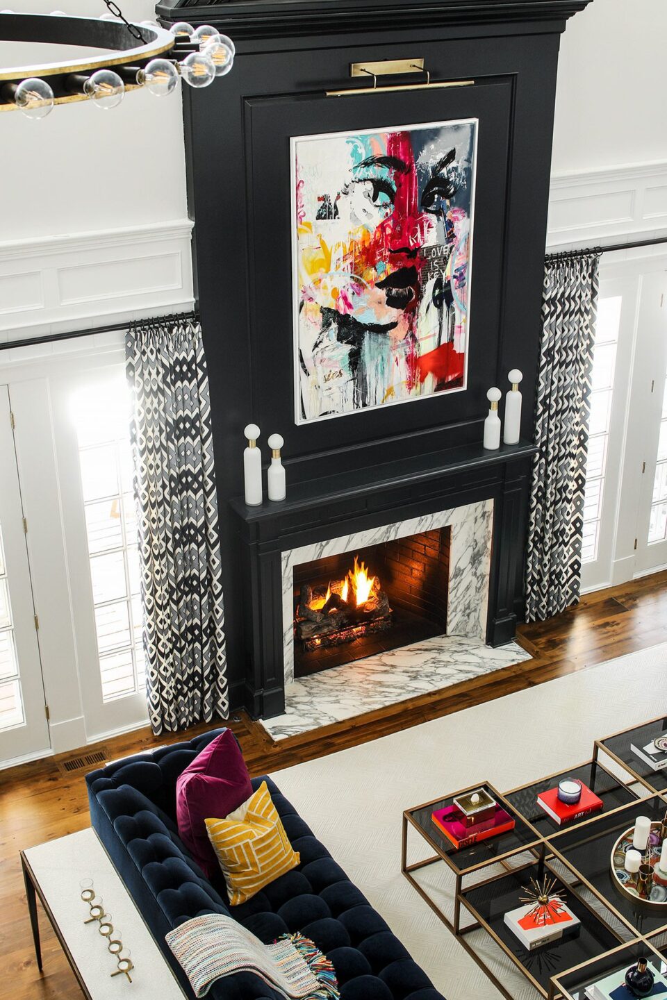 Black Fireplace Design Colorful Mantel Art