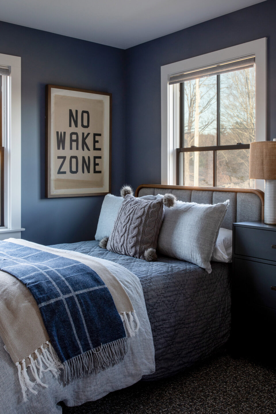 Blue Bedroom Design Plaid Accent Blankets