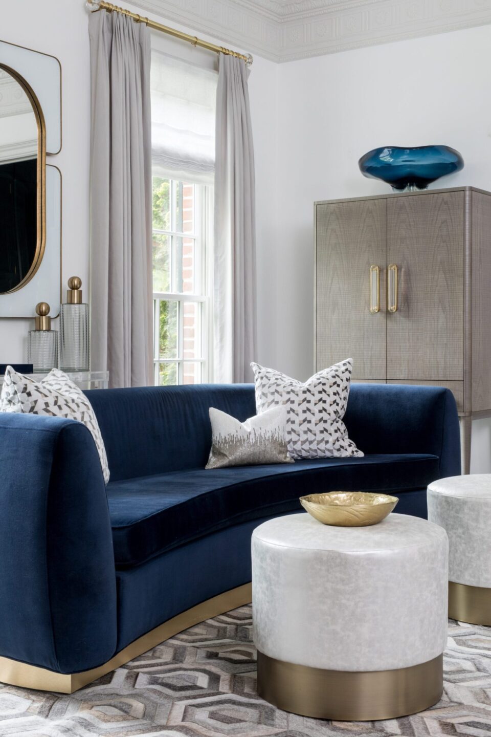 Blue Curved Sofa White Gold Ottomans