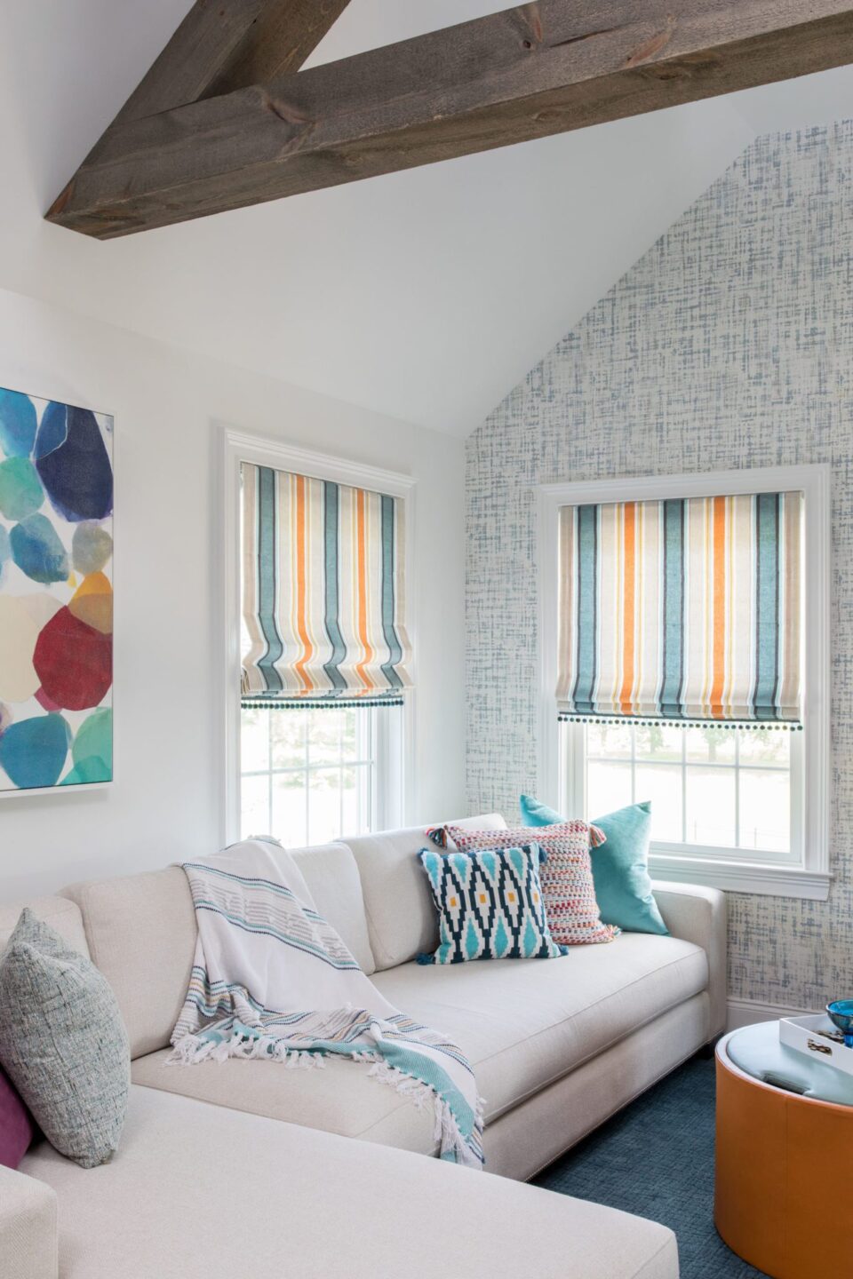 Blue Orange Window Treatments In Tv Room
