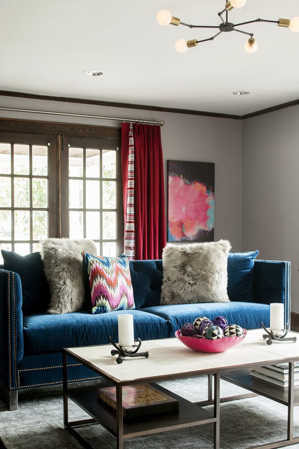 Blue Sofa In Gray Living Room