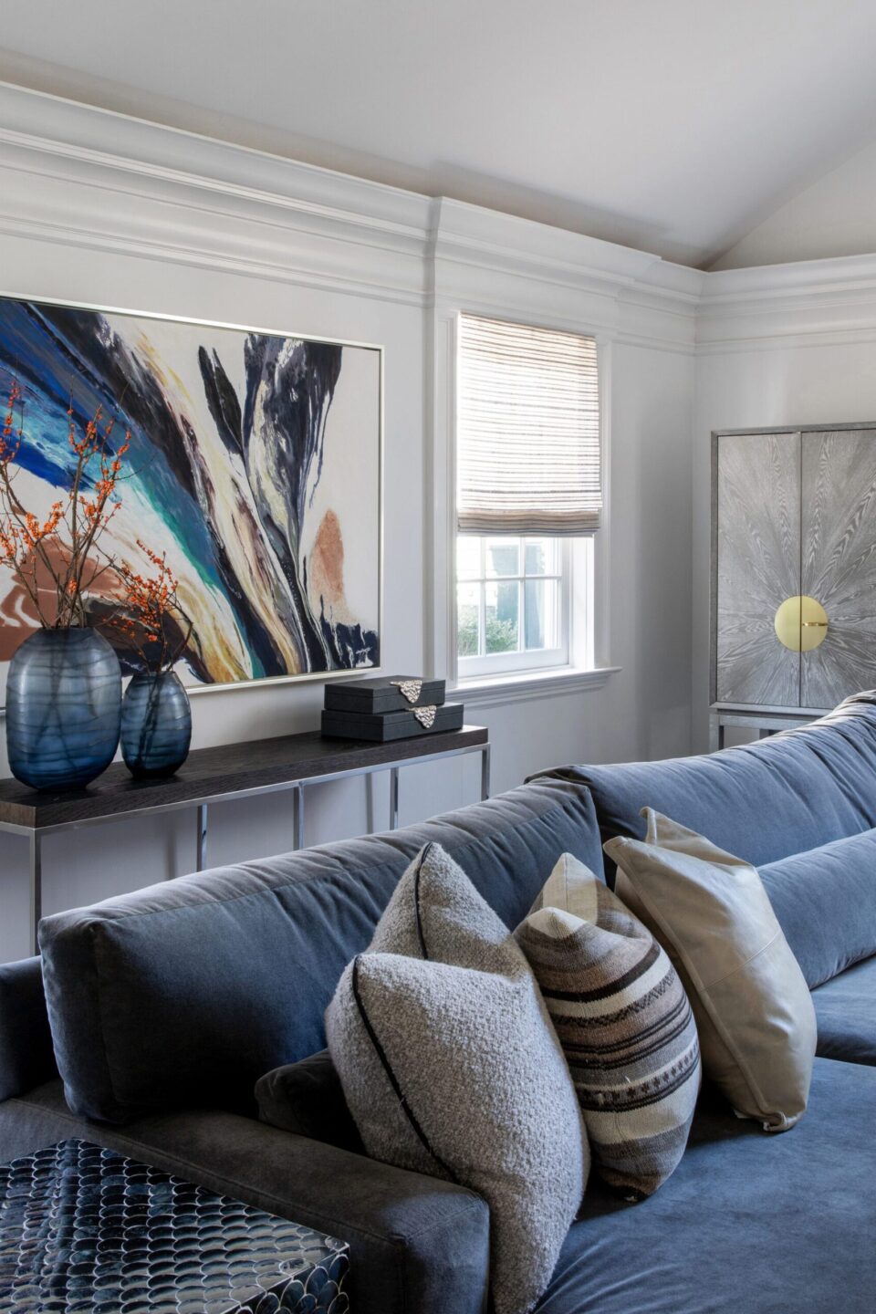 Blue Sofa With Accent Pillows Montclair Nj