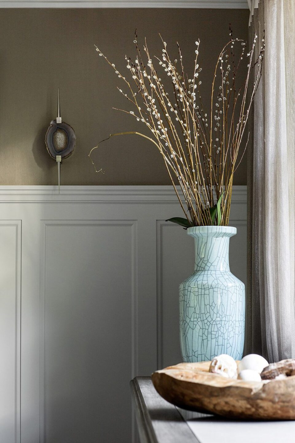 Blue Vase And Wood Bowl