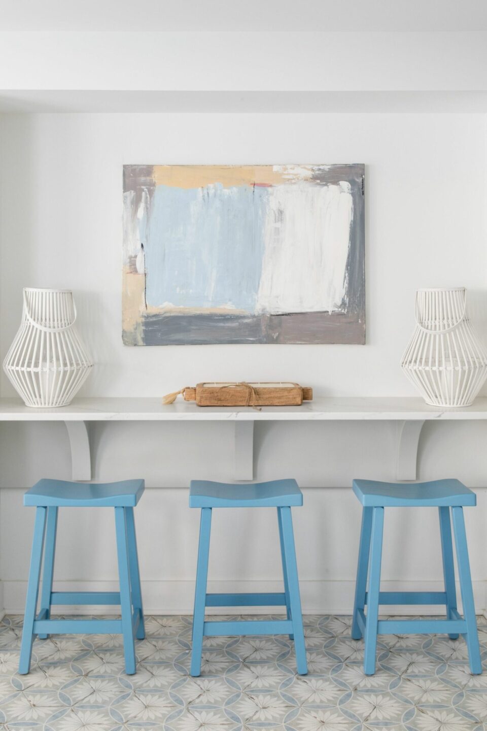 Blue Wood Stools At White Counter
