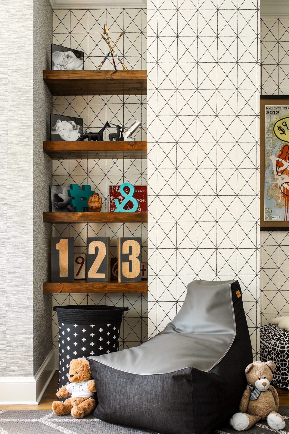 Childs Bedroom Design Floating Wood Shelves