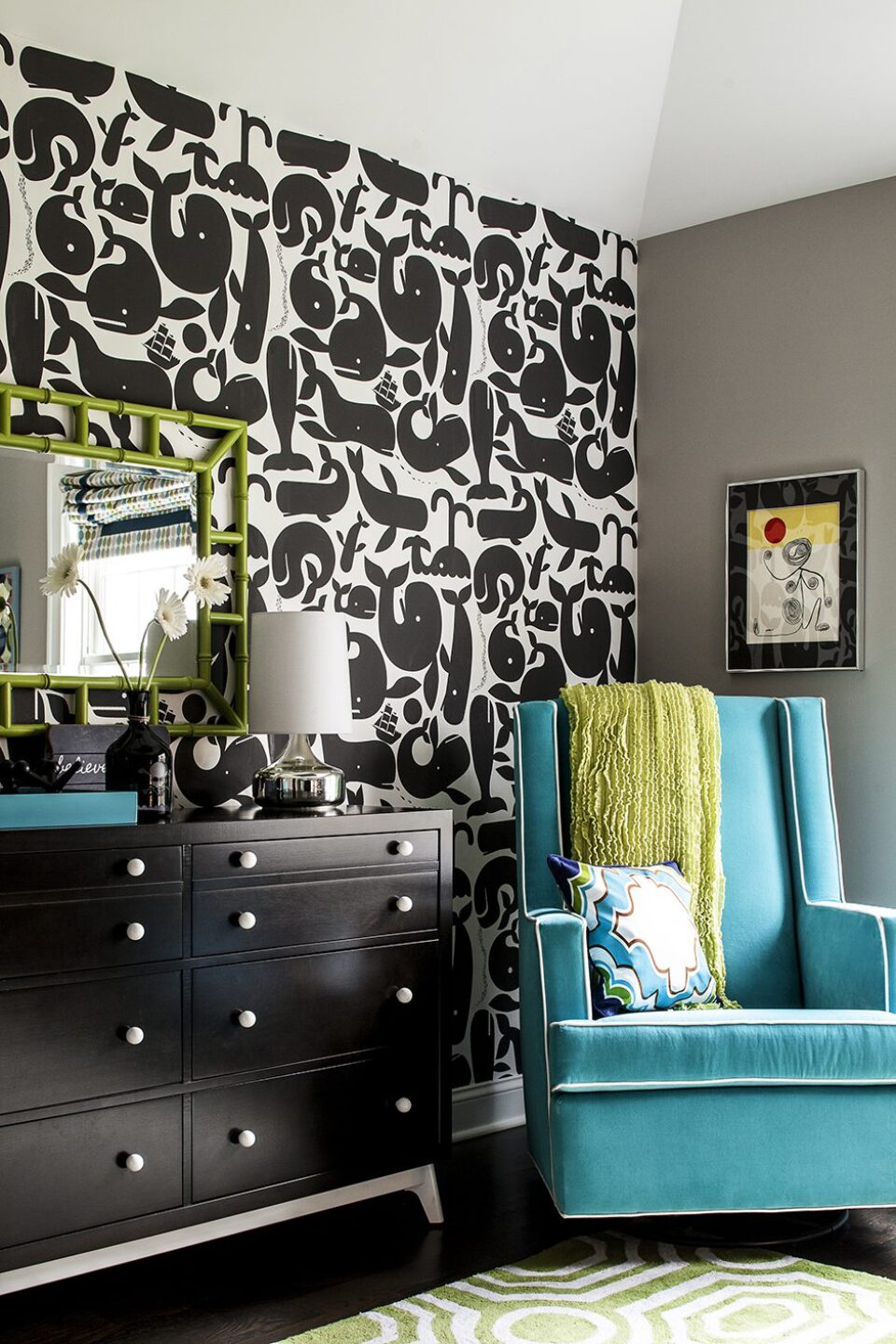 Colorful Nursery Design Black And White Whale Wallpaper Accent Wall