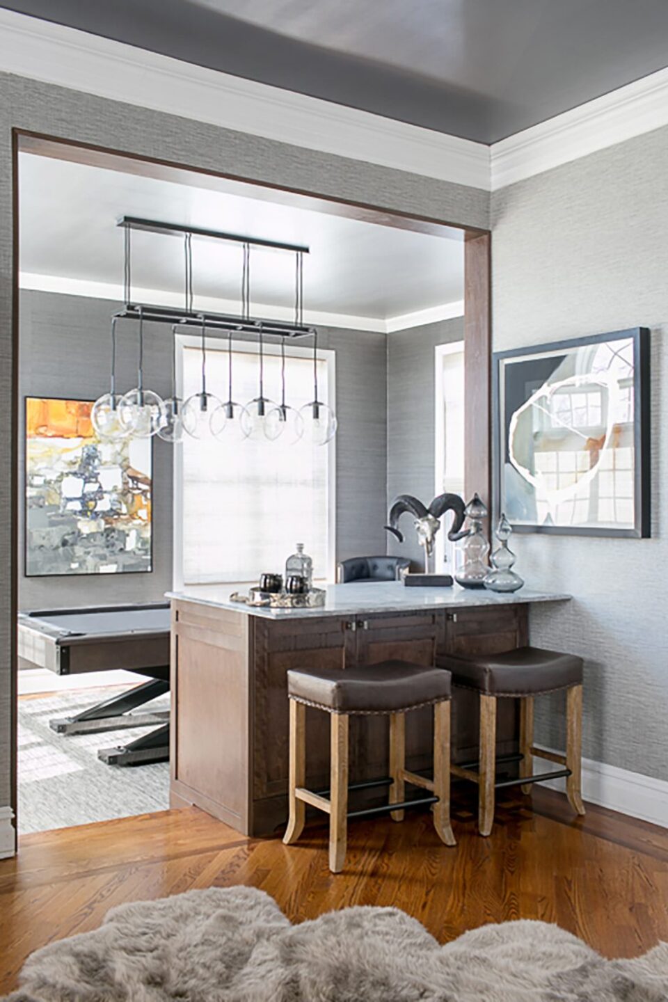 Counter With Bar Stools And Pool Table