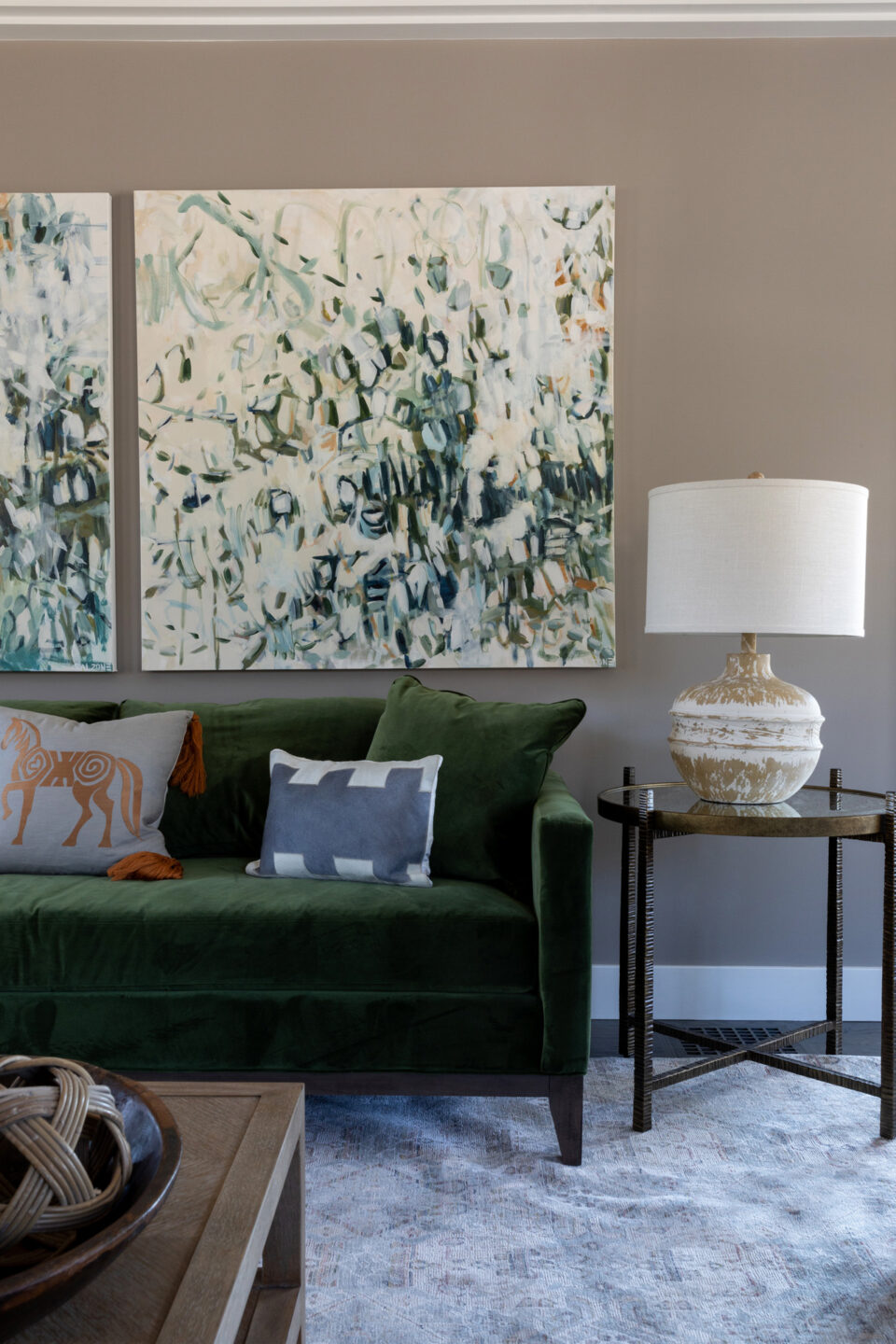 Dark Green Velvet Sofa In Living Room