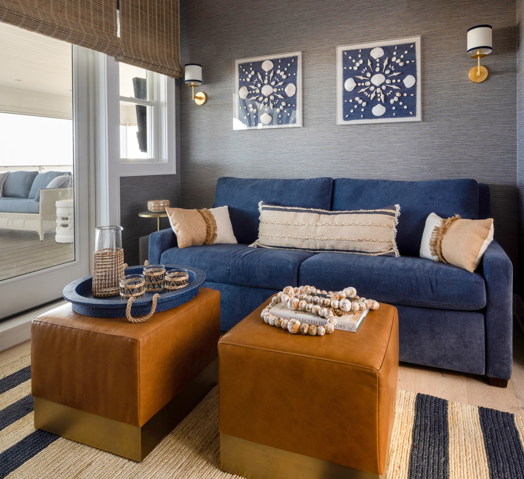 Den With Blue Sofa Beach House Interior Design
