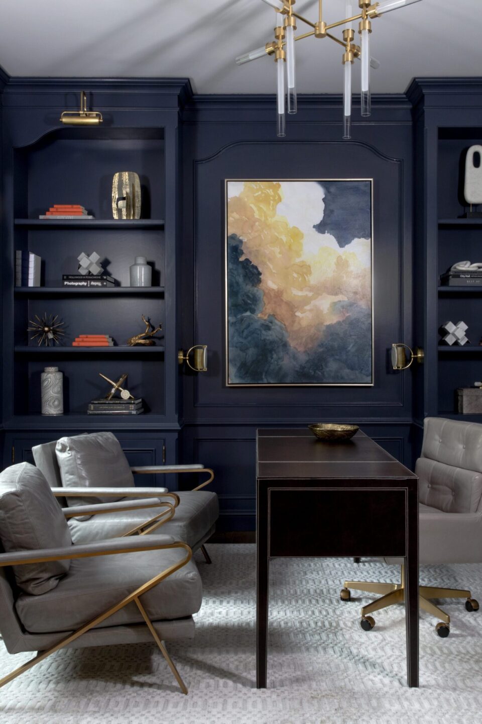 Formal Home Office Design Monochrome Built In Shelves