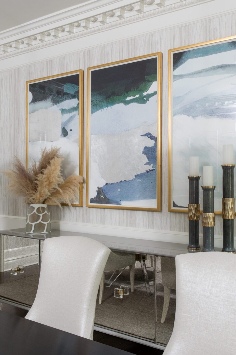 Gold Framed Triptych Art In Dining Room