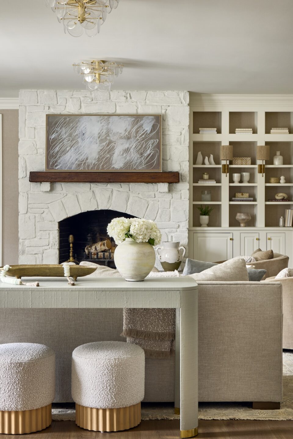 Living Room Design White Stone Fireplace