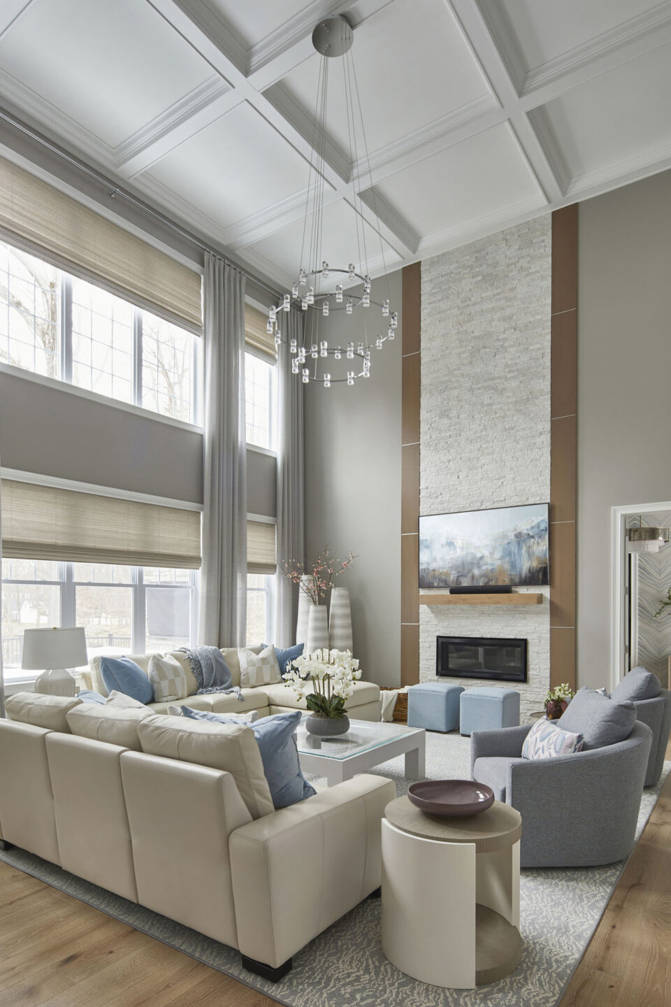 Living Room With Vaulted Ceilings And Fireplace