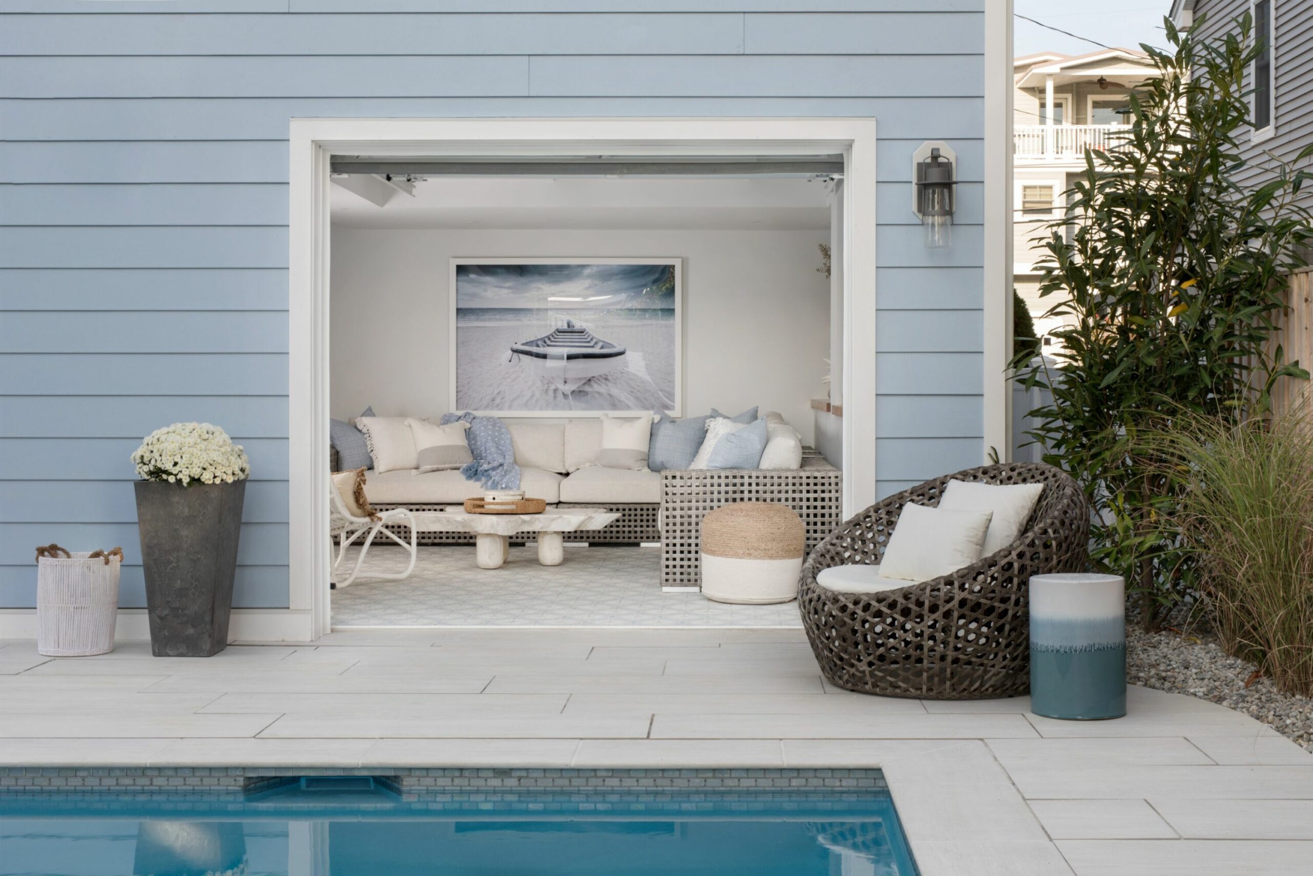 Open Garage Door On Living Room At Beach House