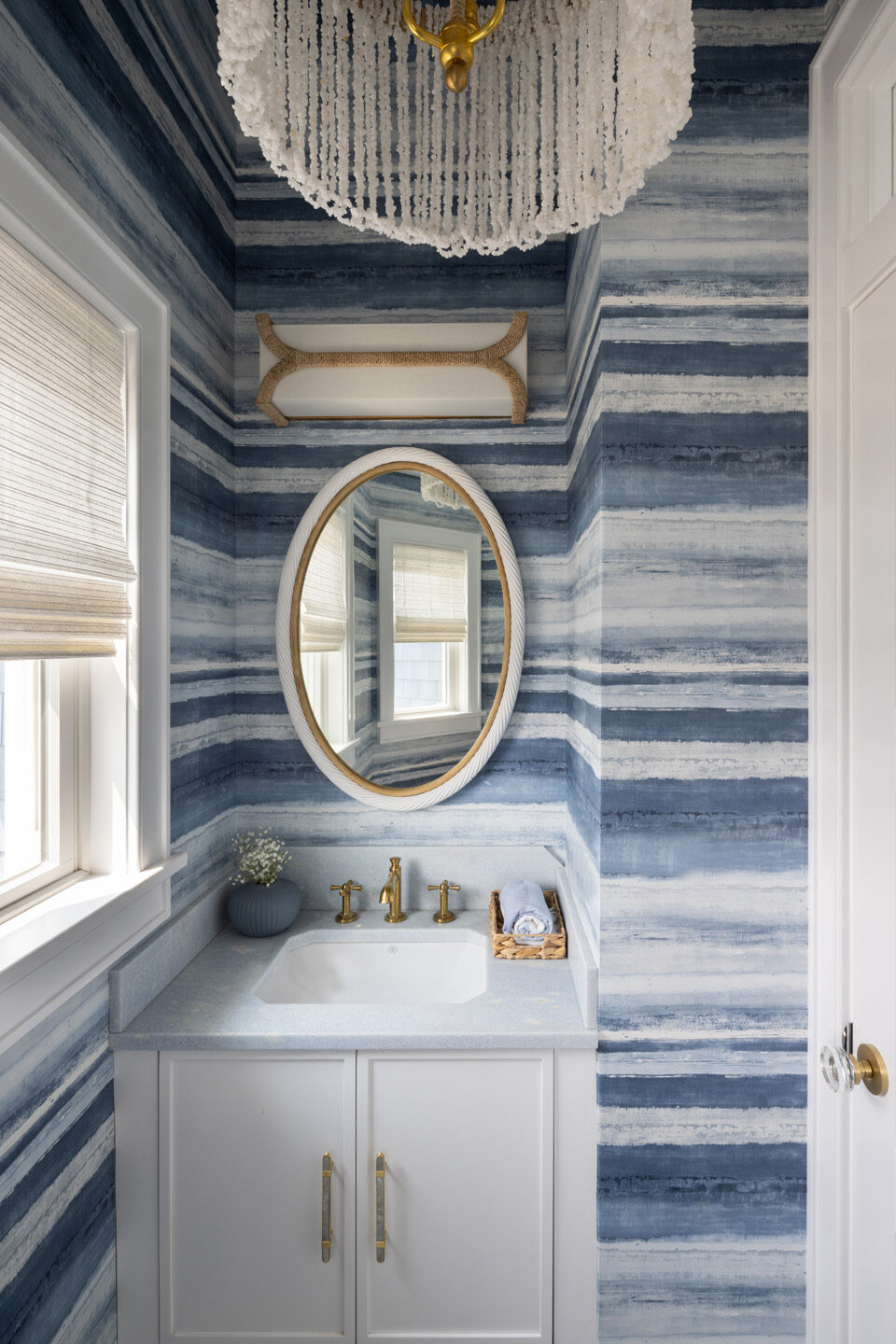 Powder Room Interior Design Blue And White Striped Wallpaper
