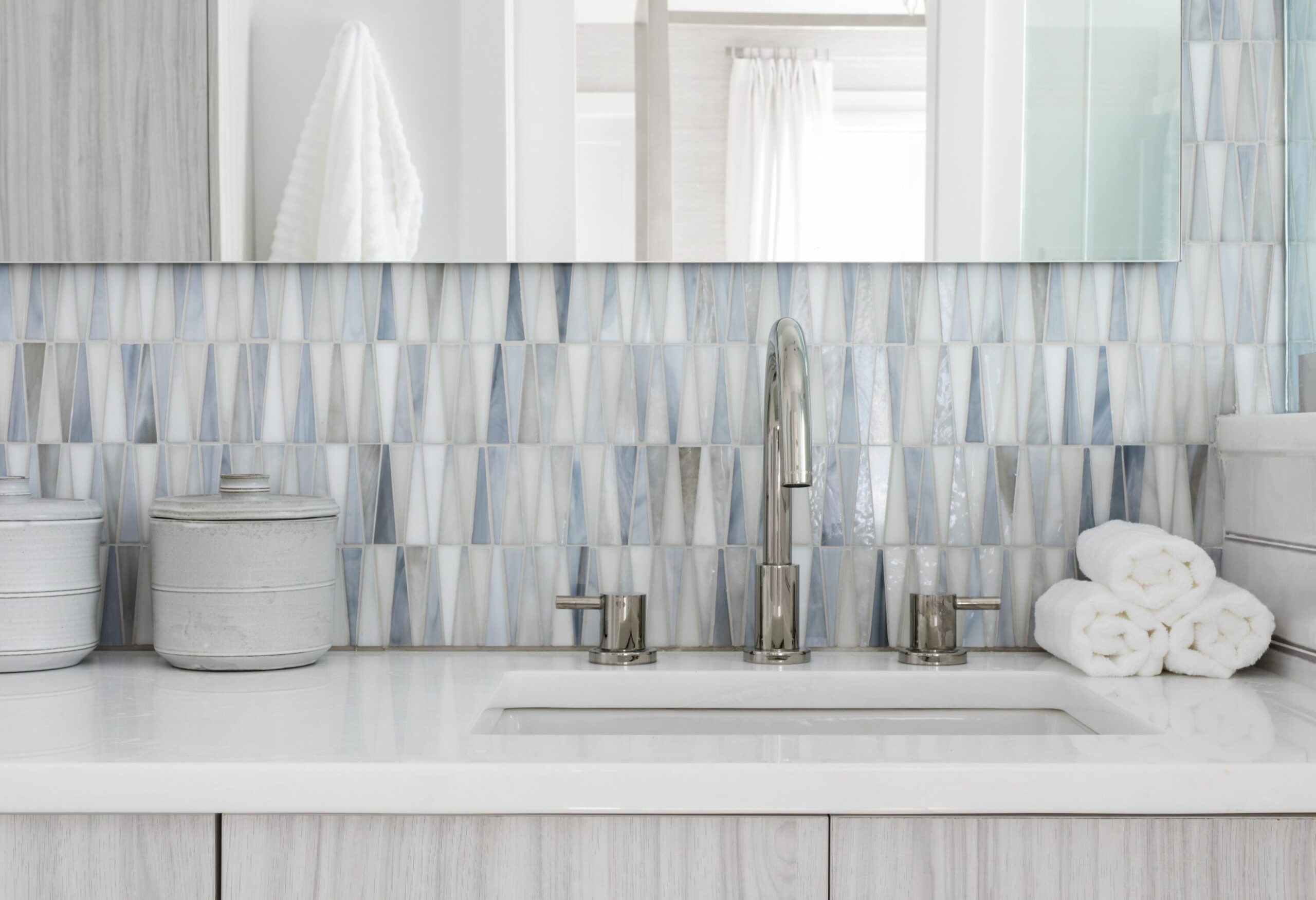 Primary Bathroom Backsplash Blue Silver