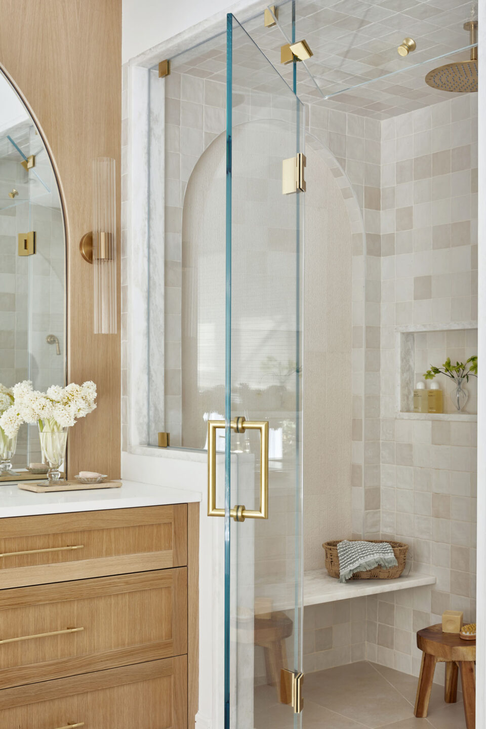 Primary Bathroom Design Glass Shower With Gold Hardware