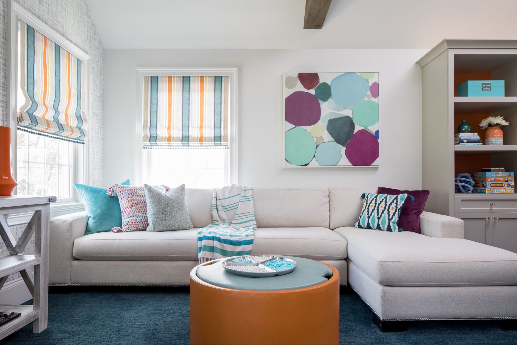 Round Orange Ottoman L Shaped Sofa