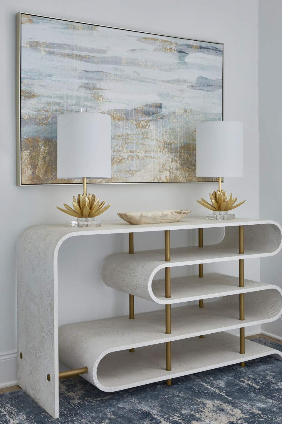 S Shaped Sideboard Table With Gold Lamps
