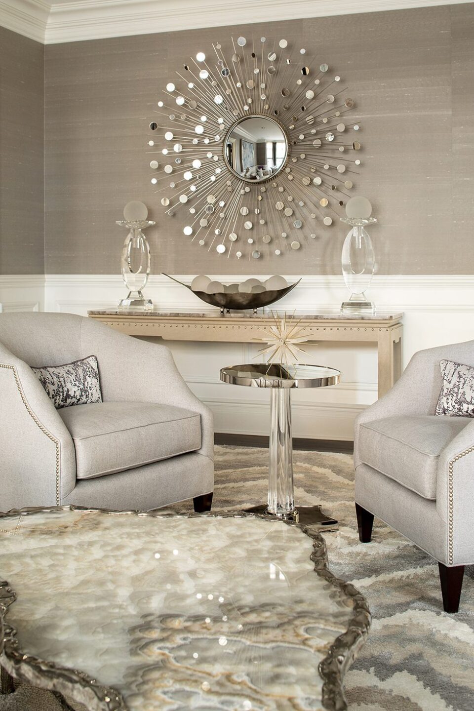 Two Accent Chairs With Small Glass Table Between