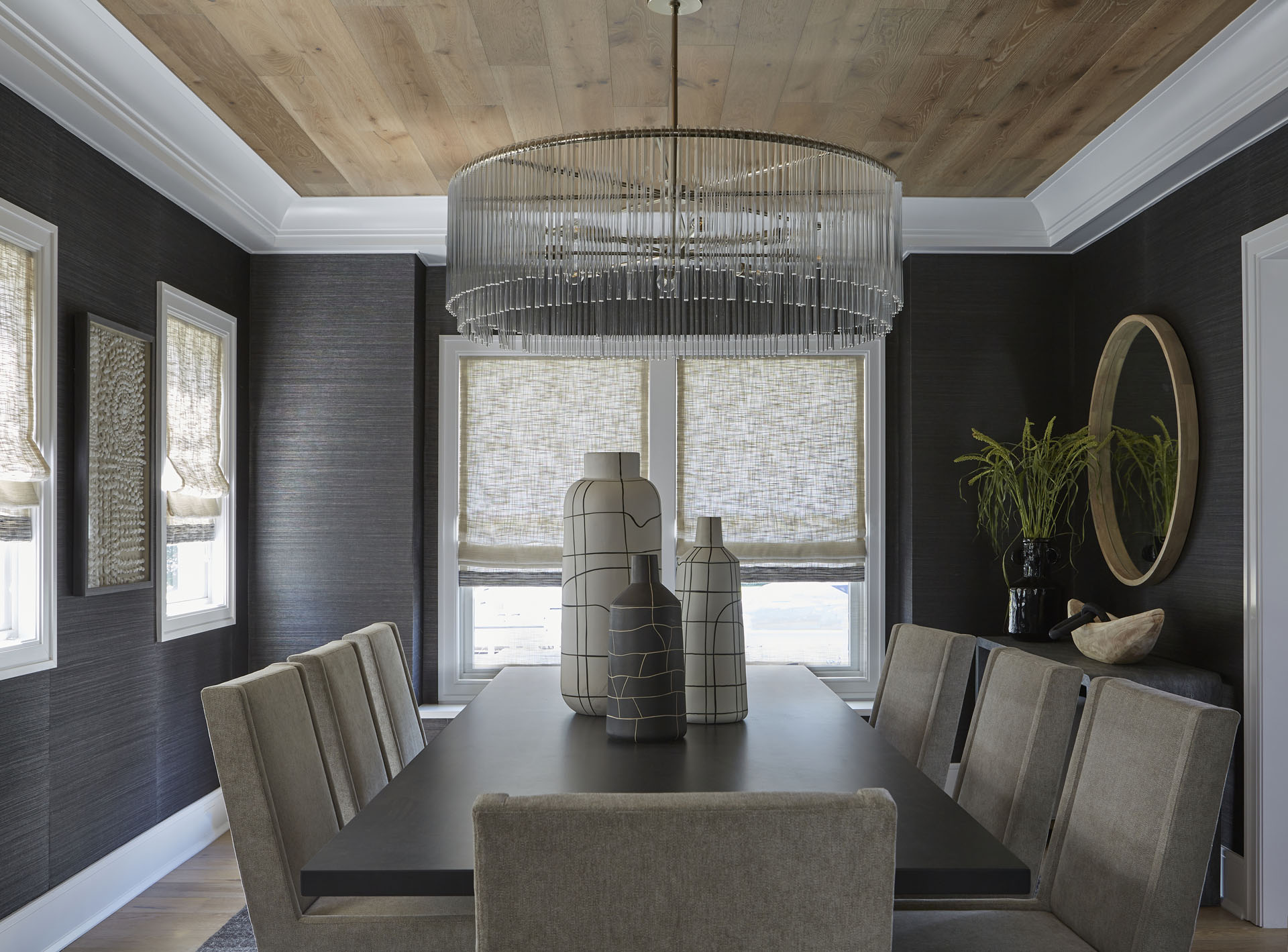 Wood Ceiling With Chandelier Dining Room Design