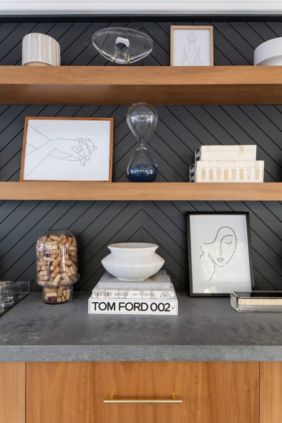 Wood Shelves And Cabinetry With Dark Gray Wall